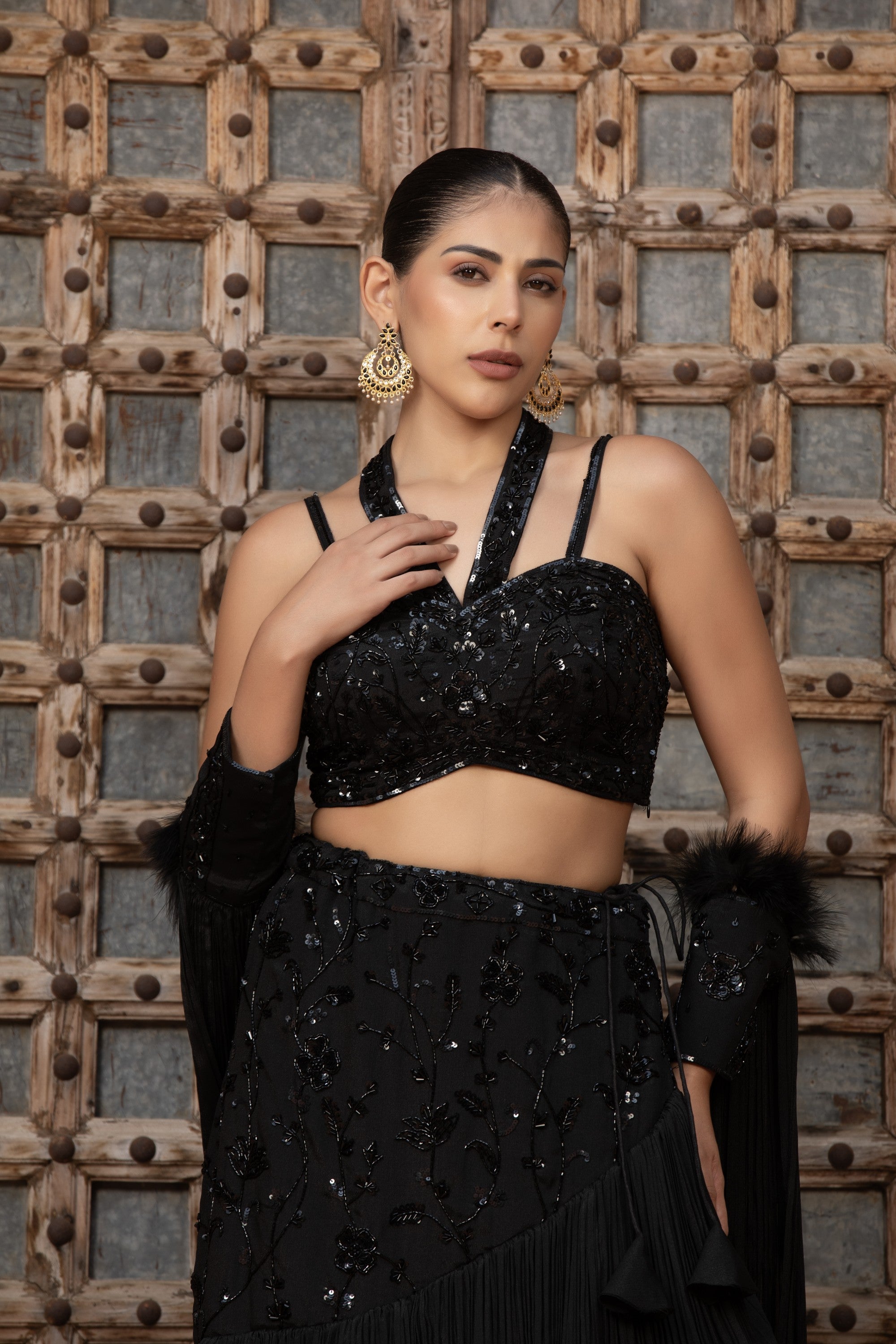 Black Sequin Floral Crop Top & Tiered Pleated Lehenga