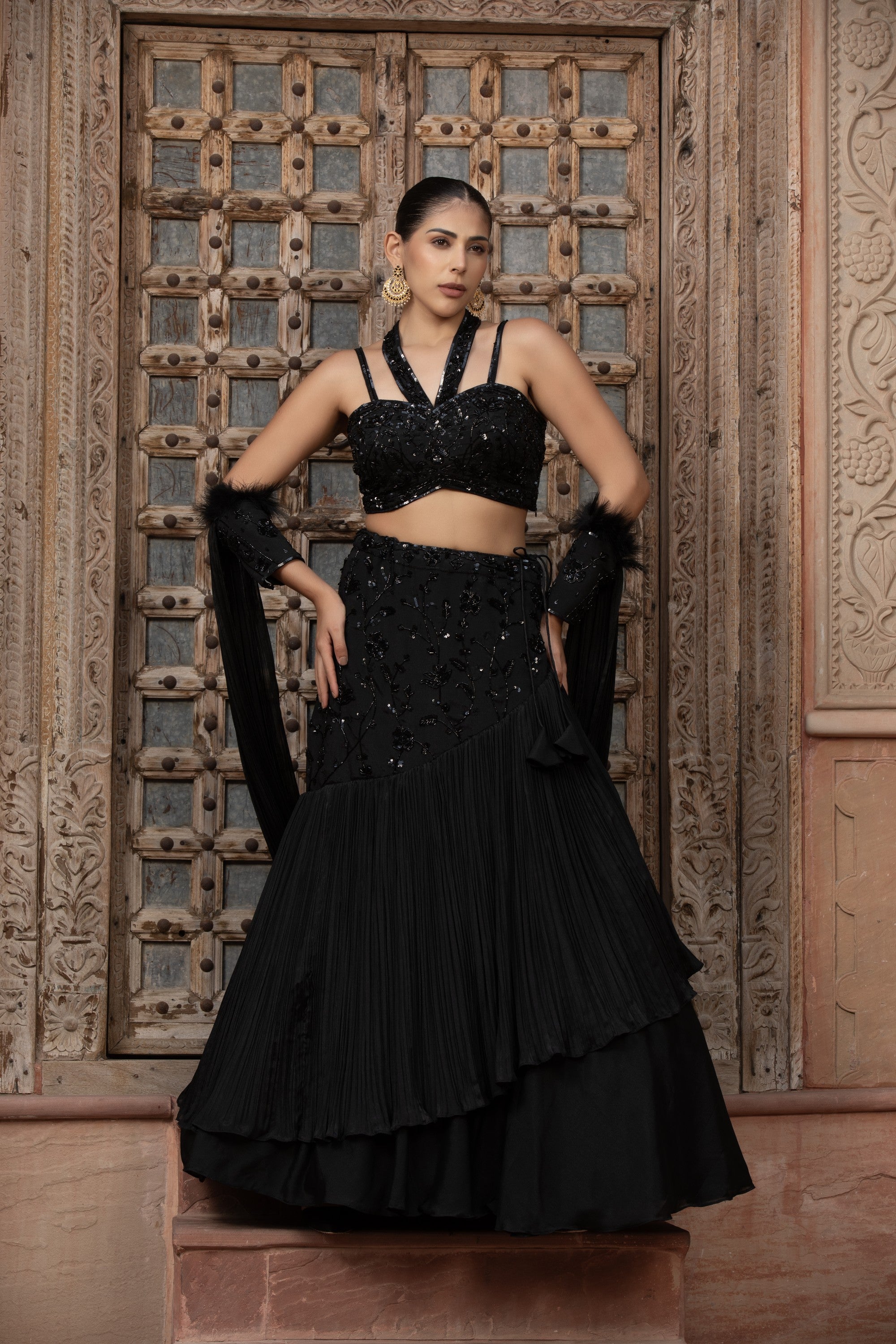 Black Sequin Floral Crop Top & Tiered Pleated Lehenga