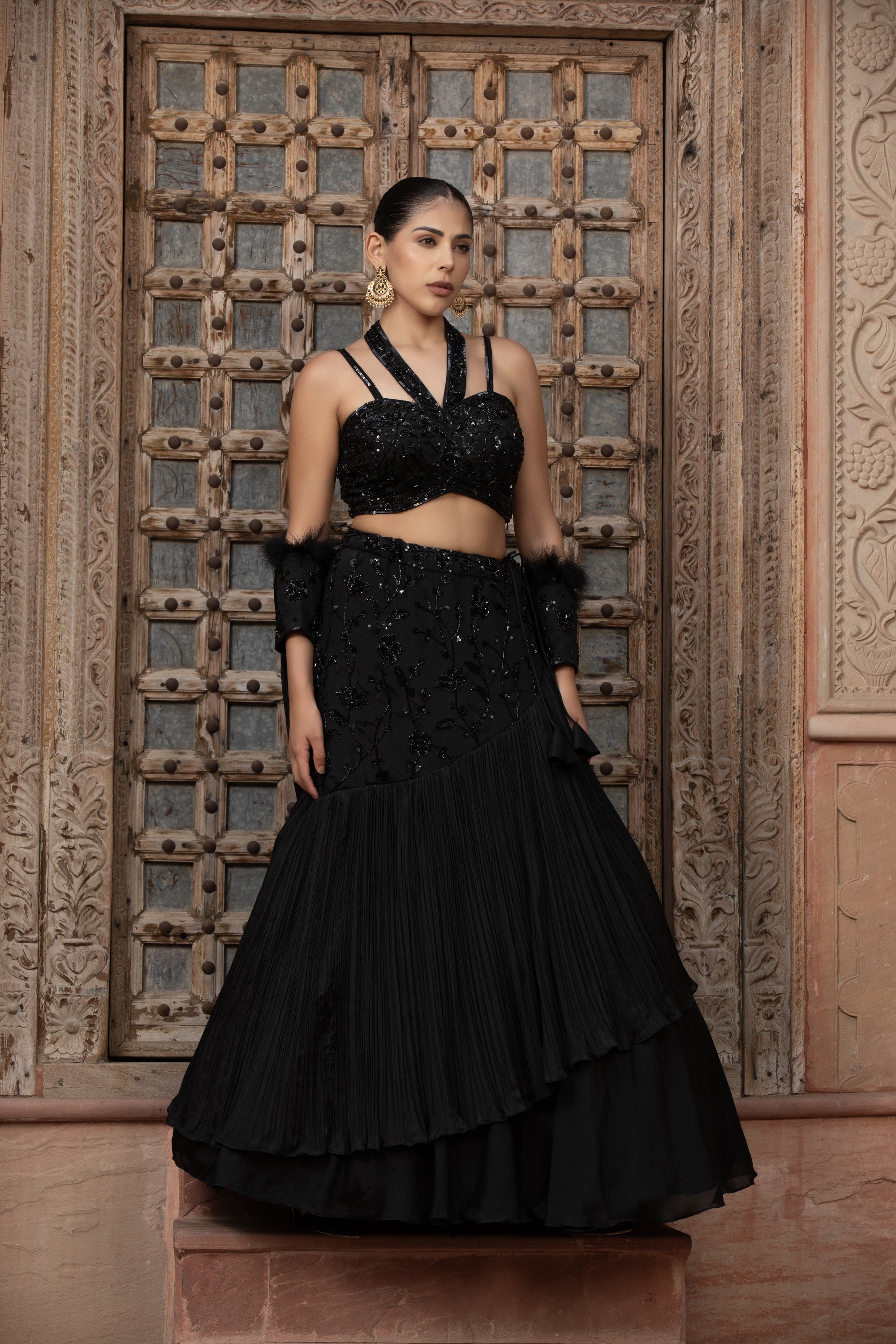 Black Sequin Floral Crop Top & Tiered Pleated Lehenga