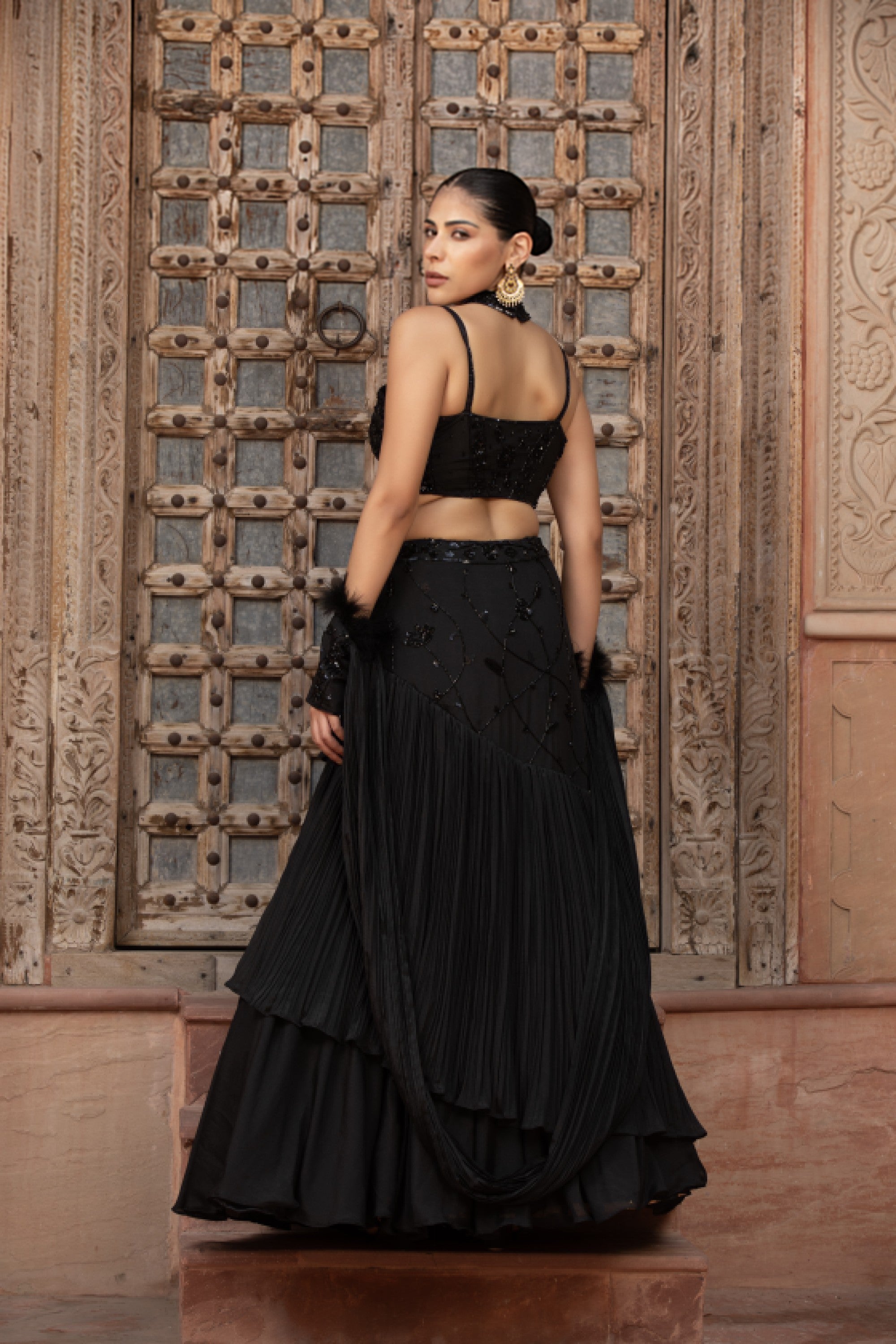 Black Sequin Floral Crop Top & Tiered Pleated Lehenga