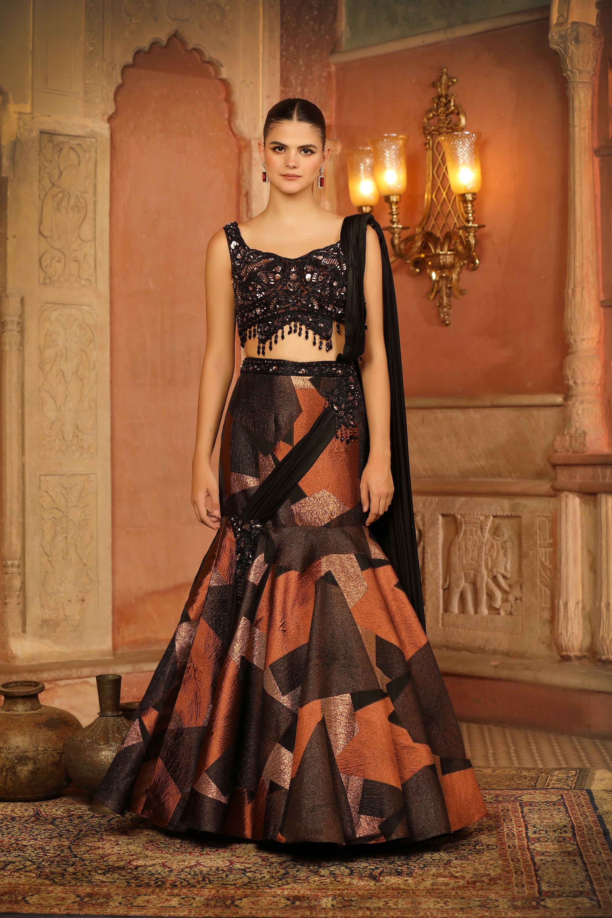 Black & Copper Brocade Mermaid Lehenga
