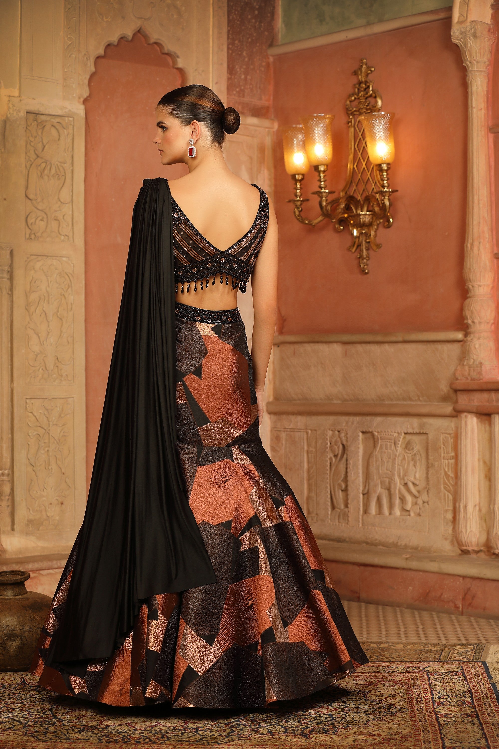 Black & Copper Brocade Mermaid Lehenga