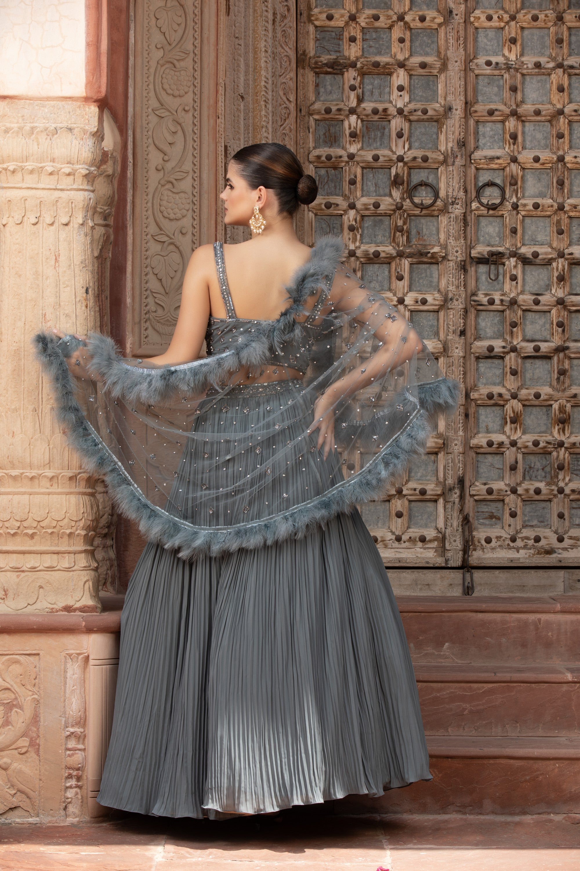Steel Grey Ombré Pleated Lehenga Set
