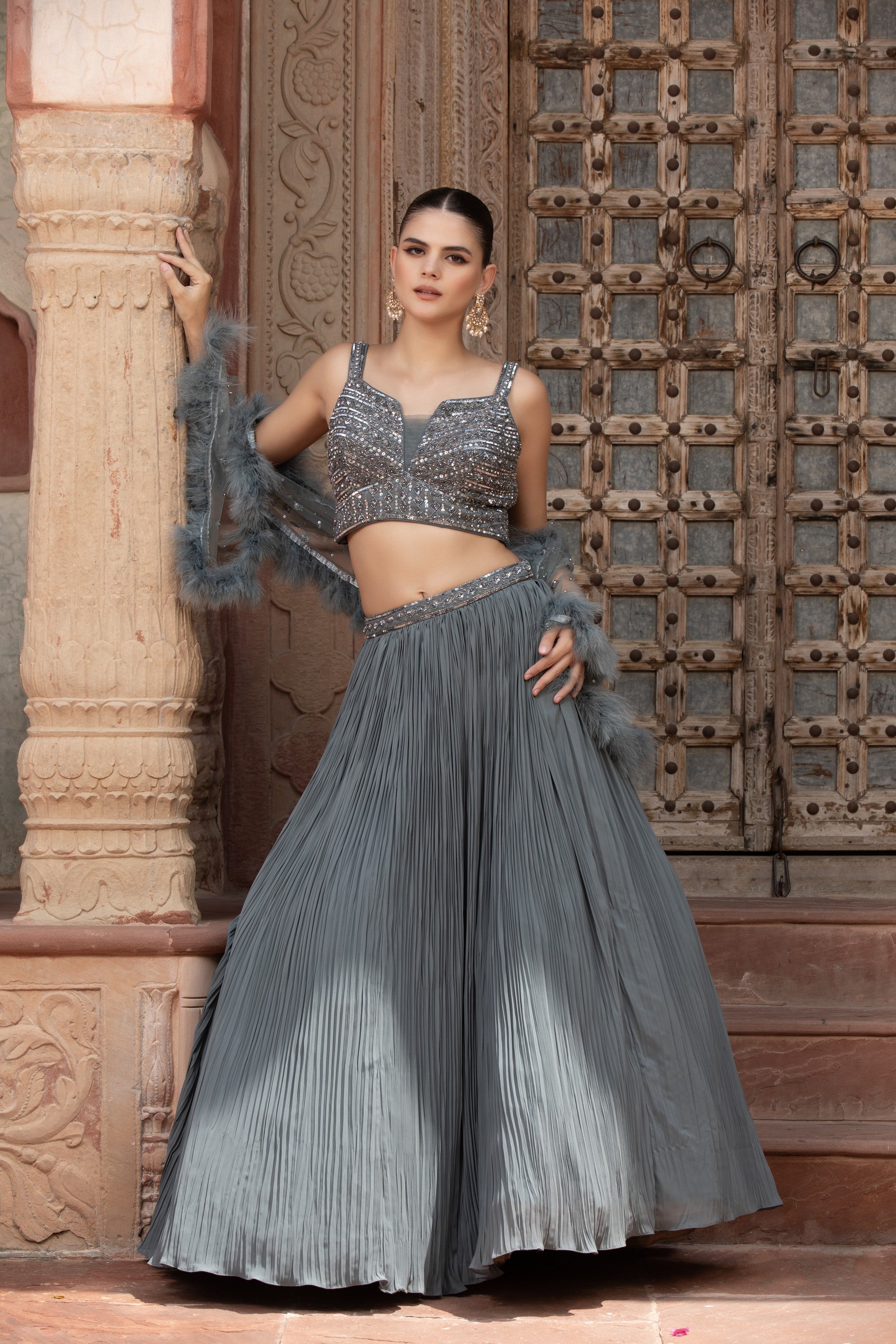 Steel Grey Ombré Pleated Lehenga Set