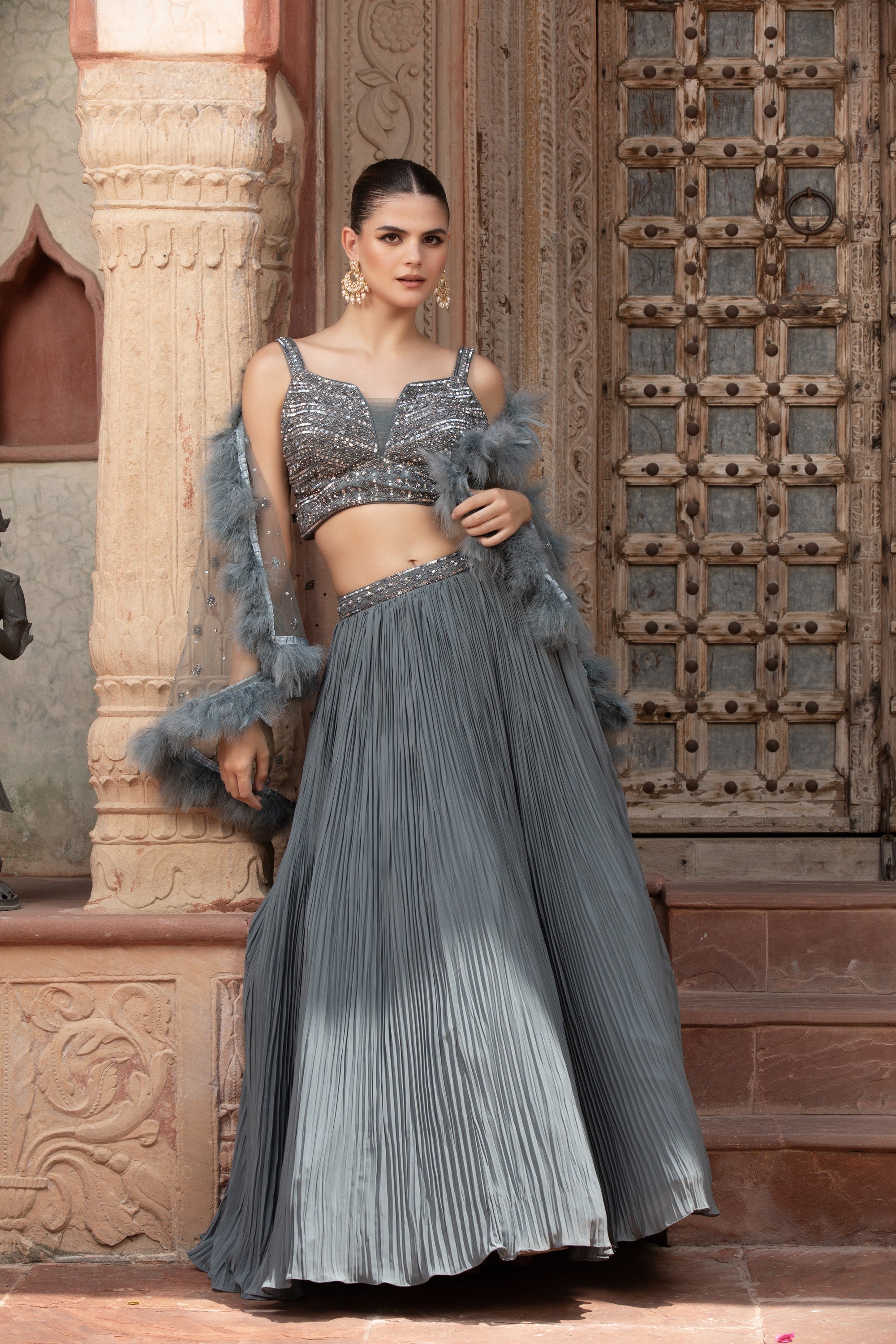 Steel Grey Ombré Pleated Lehenga Set