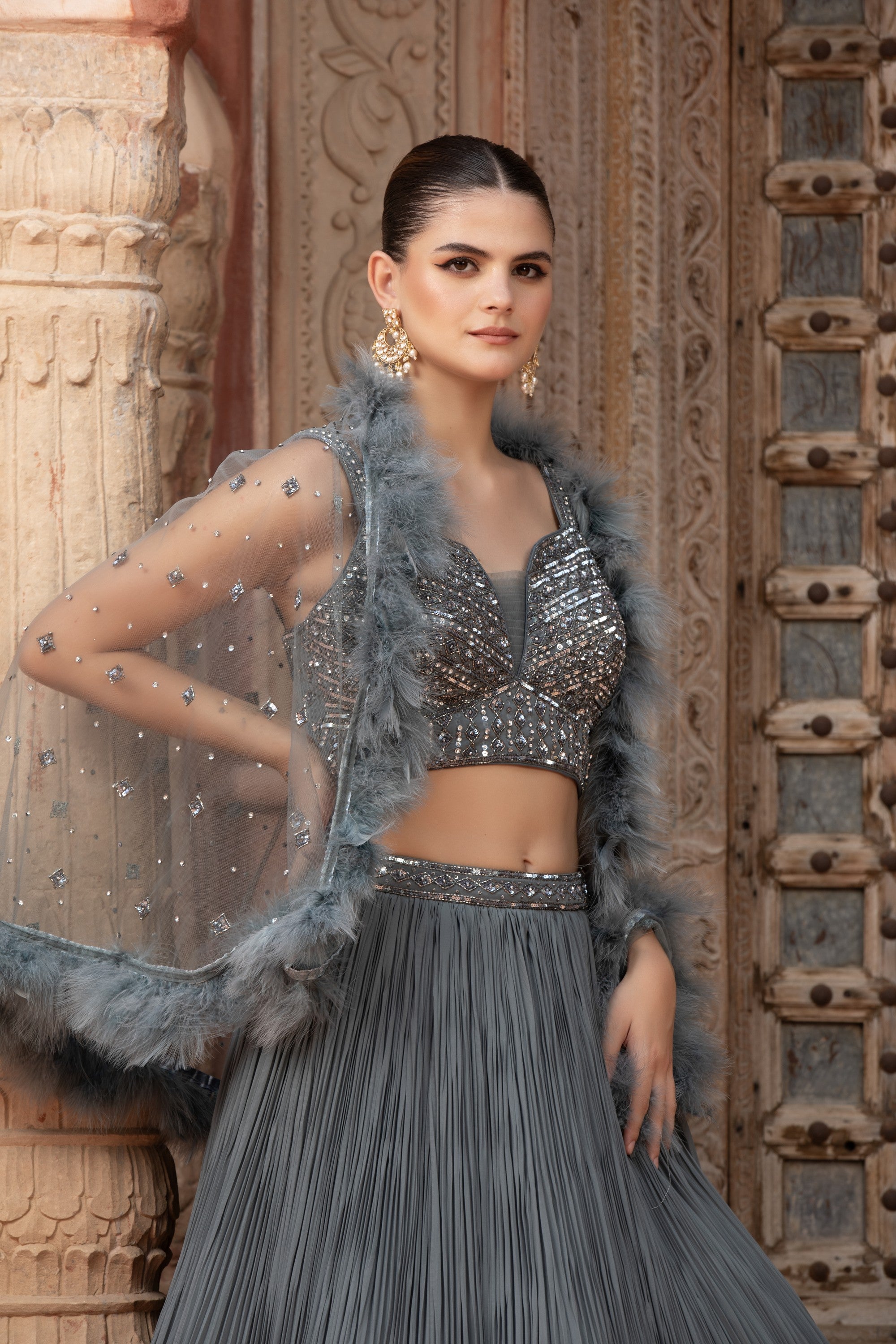 Steel Grey Ombré Pleated Lehenga Set