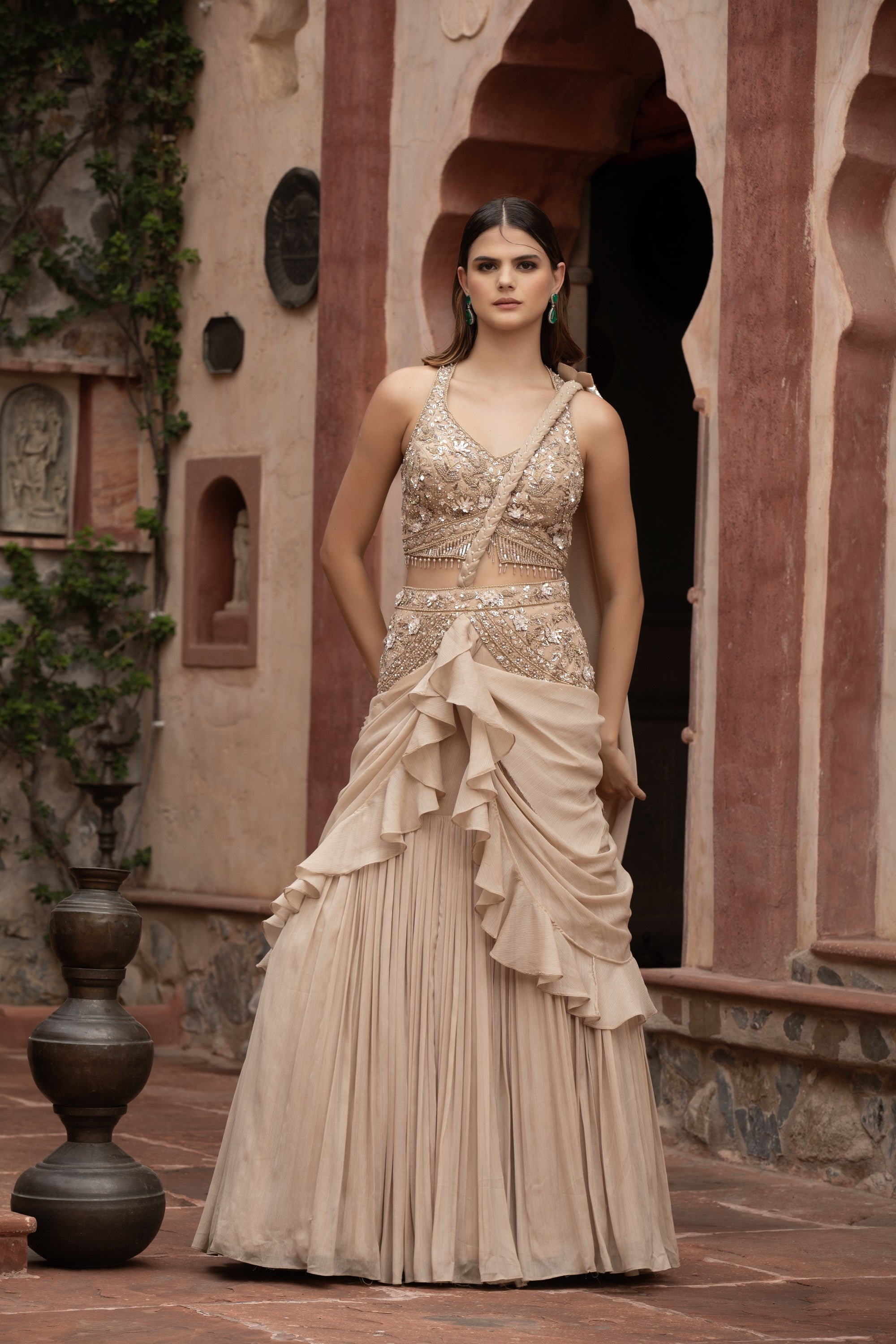 Champagne Embroidered Crop Blouse & Ruffle Drape Lehenga Set