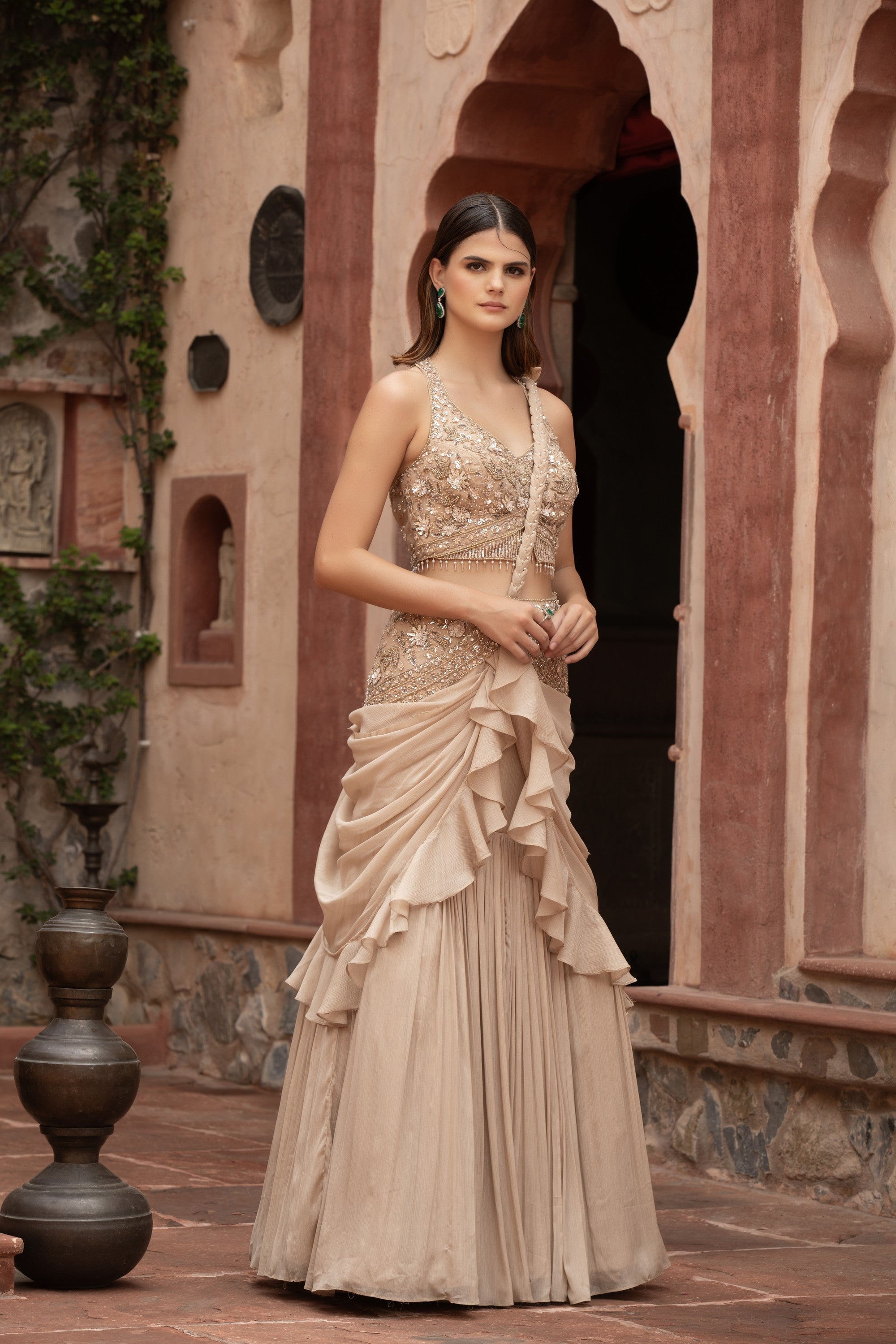Champagne Embroidered Crop Blouse & Ruffle Drape Lehenga Set