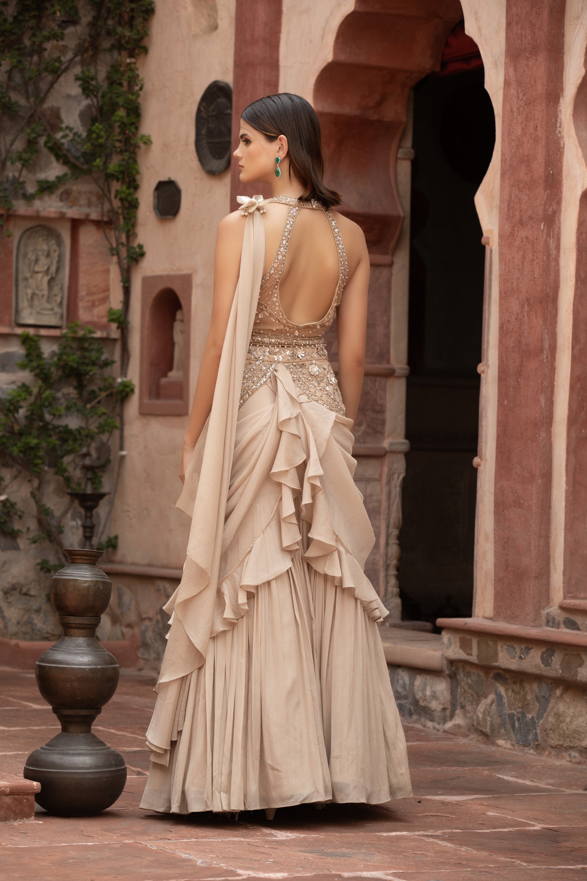 Champagne Embroidered Crop Blouse & Ruffle Drape Lehenga Set