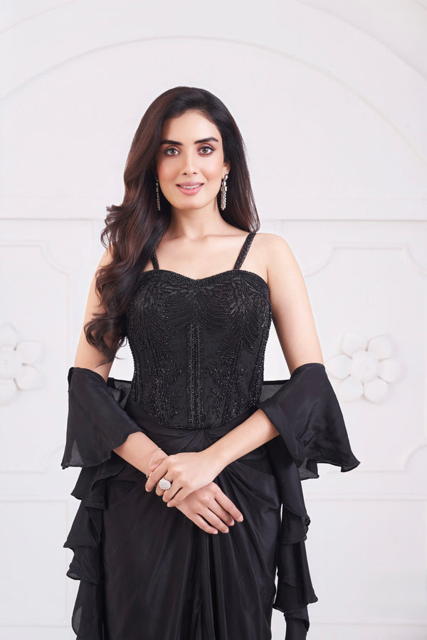 Midnight Ruffle Pre-Draped Saree