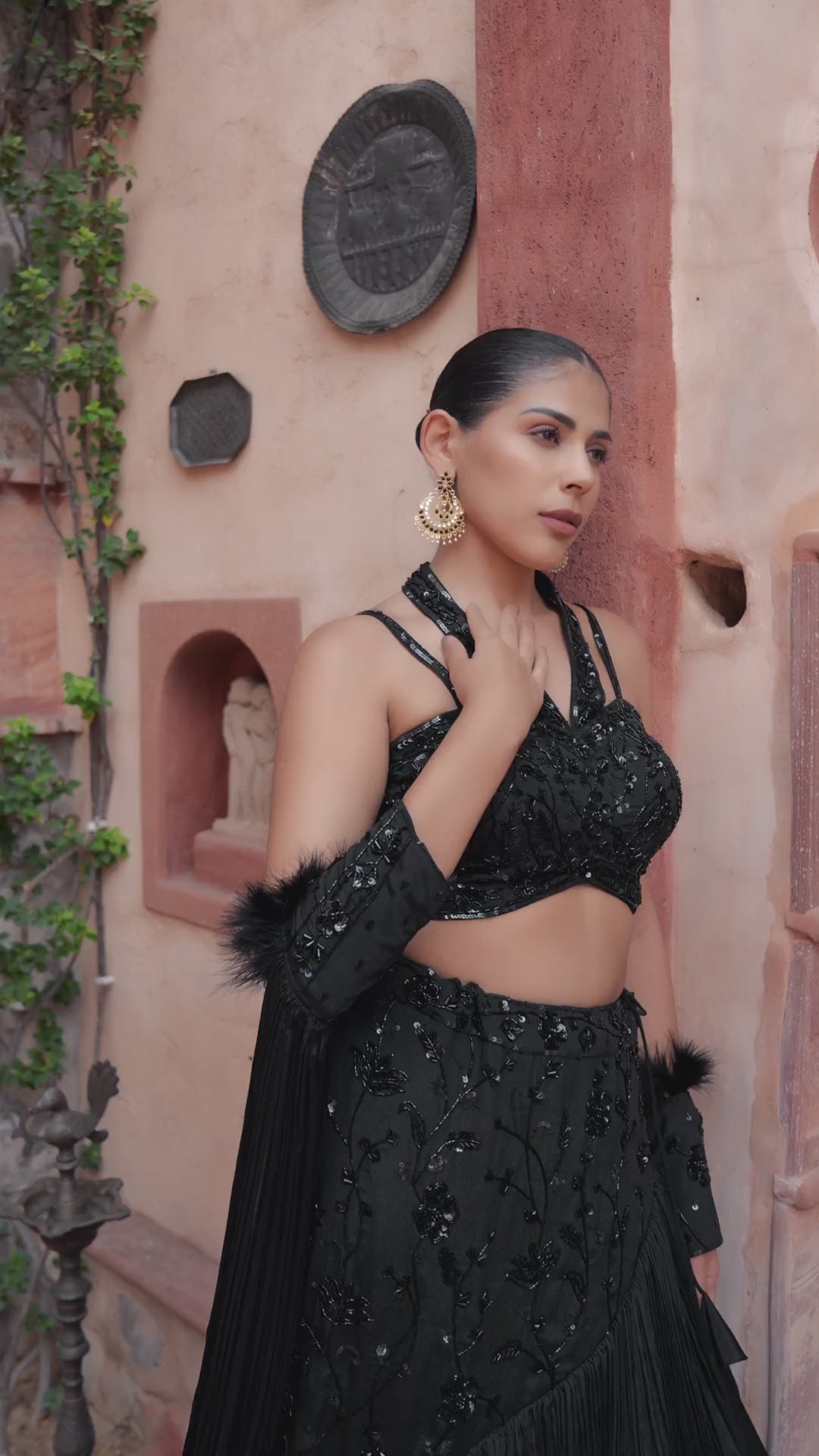 Black Sequin Floral Crop Top & Tiered Pleated Lehenga