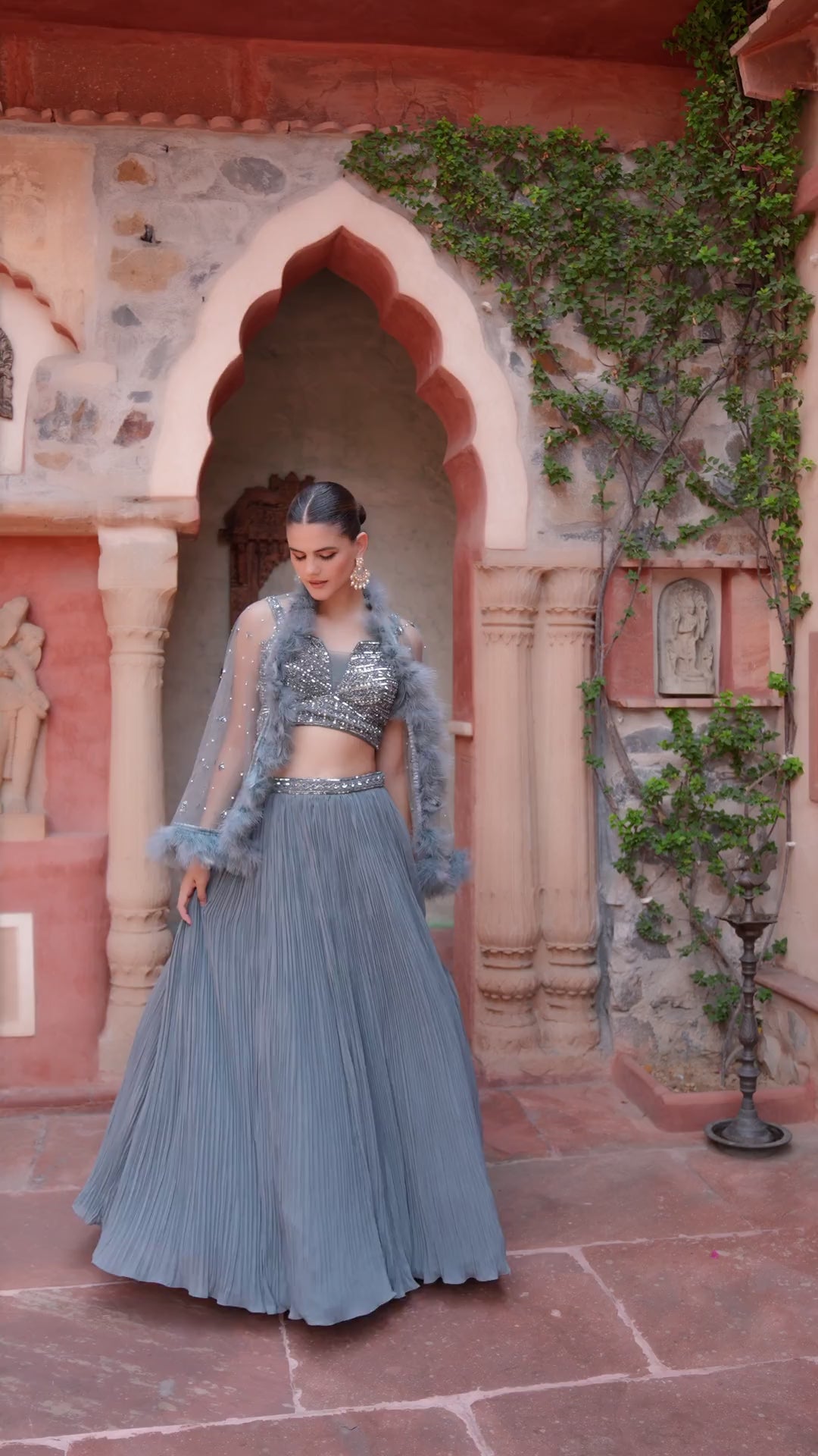 Steel Grey Ombré Pleated Lehenga Set