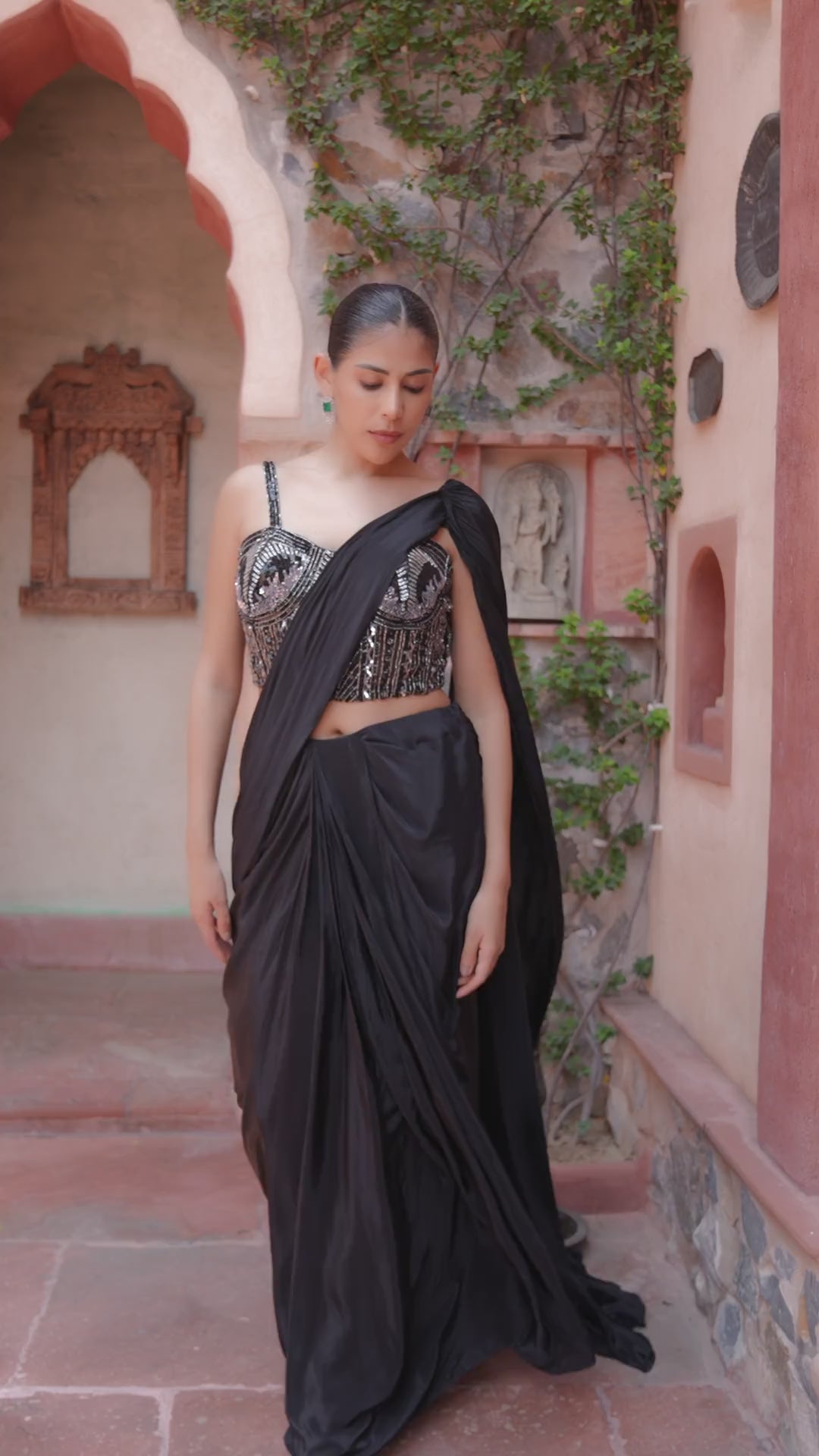 Black Silver Beaded Corset & Draped Satin Saree