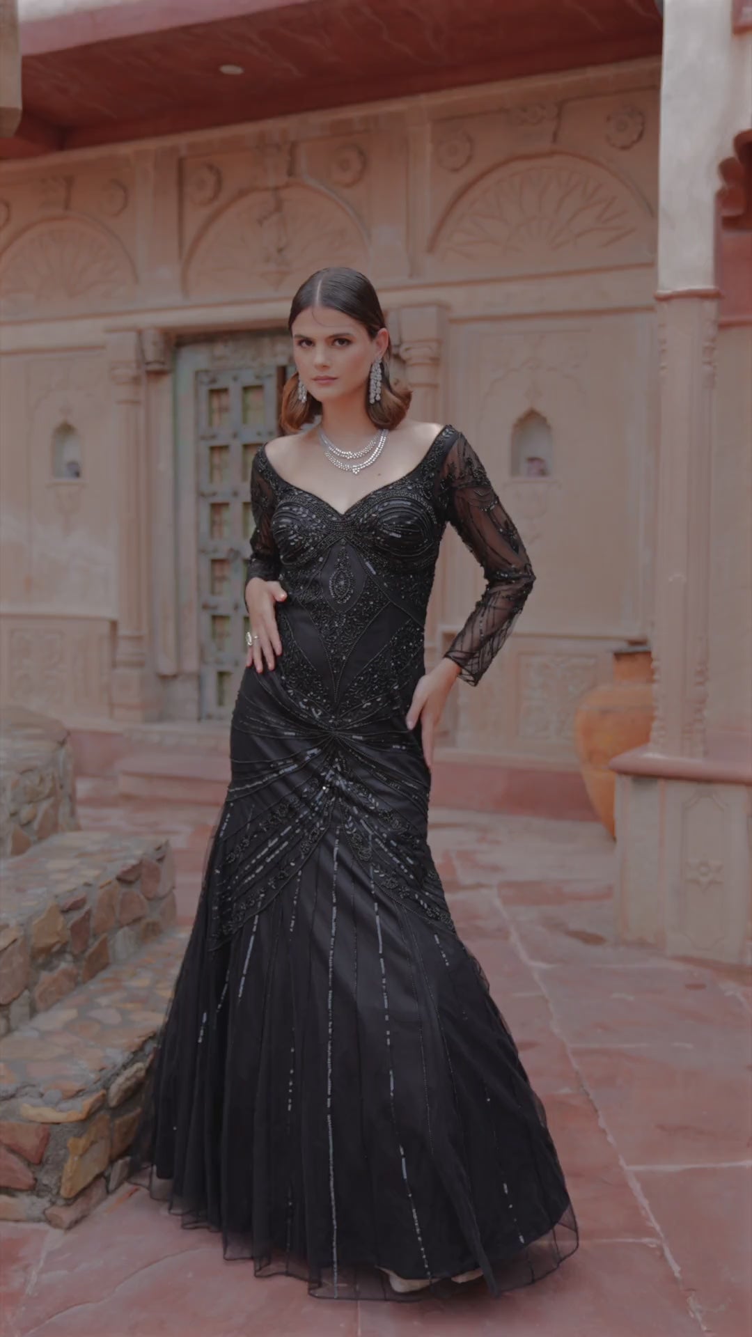 black sequin fishtail dress Black Sequin & Bead Embroidered Illusion Sleeve Fishtail Gown  MILNI