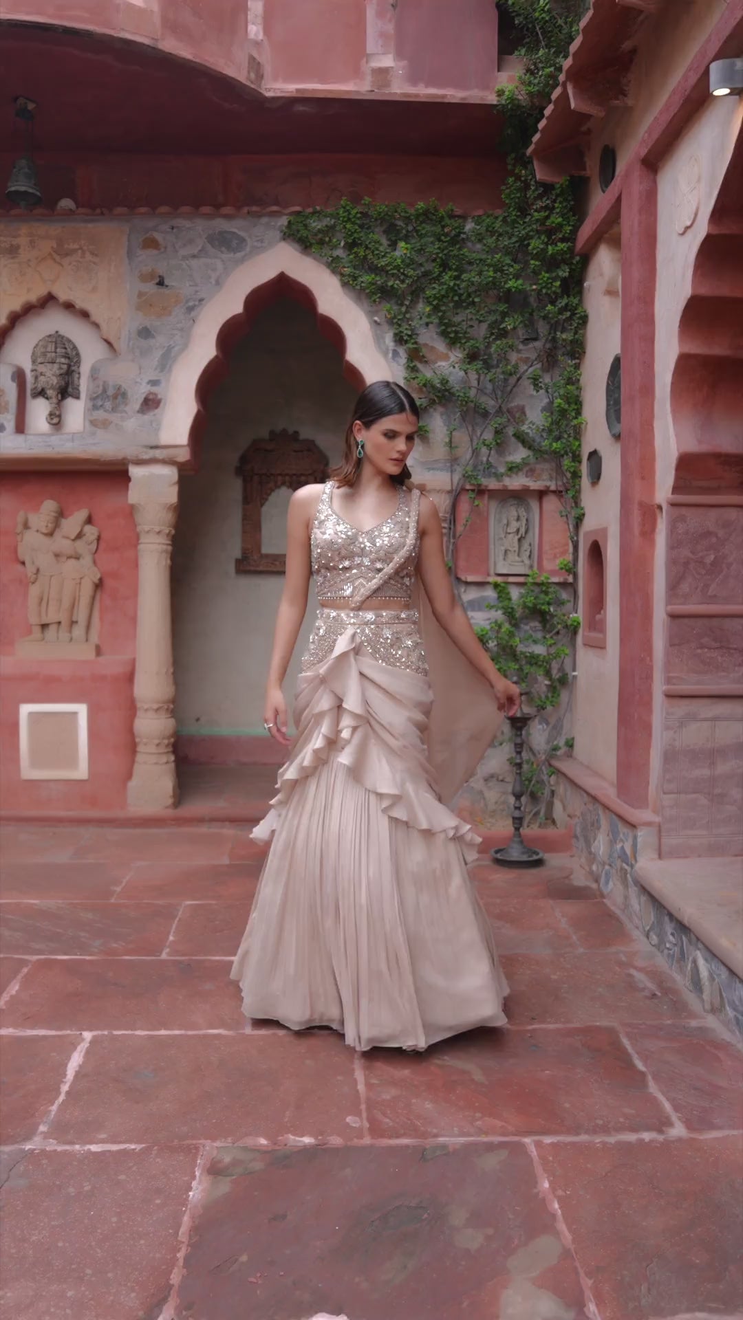 Champagne Embroidered Crop Blouse & Ruffle Drape Lehenga Set