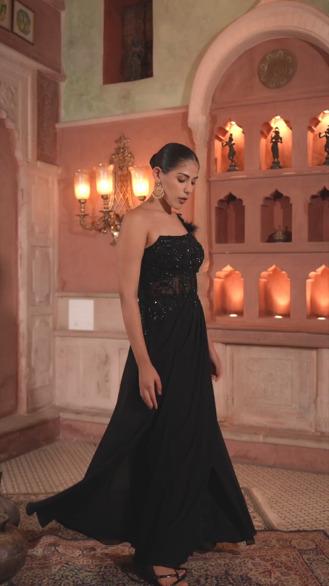 Black Feather One-Shoulder Embroidered Corset Gown