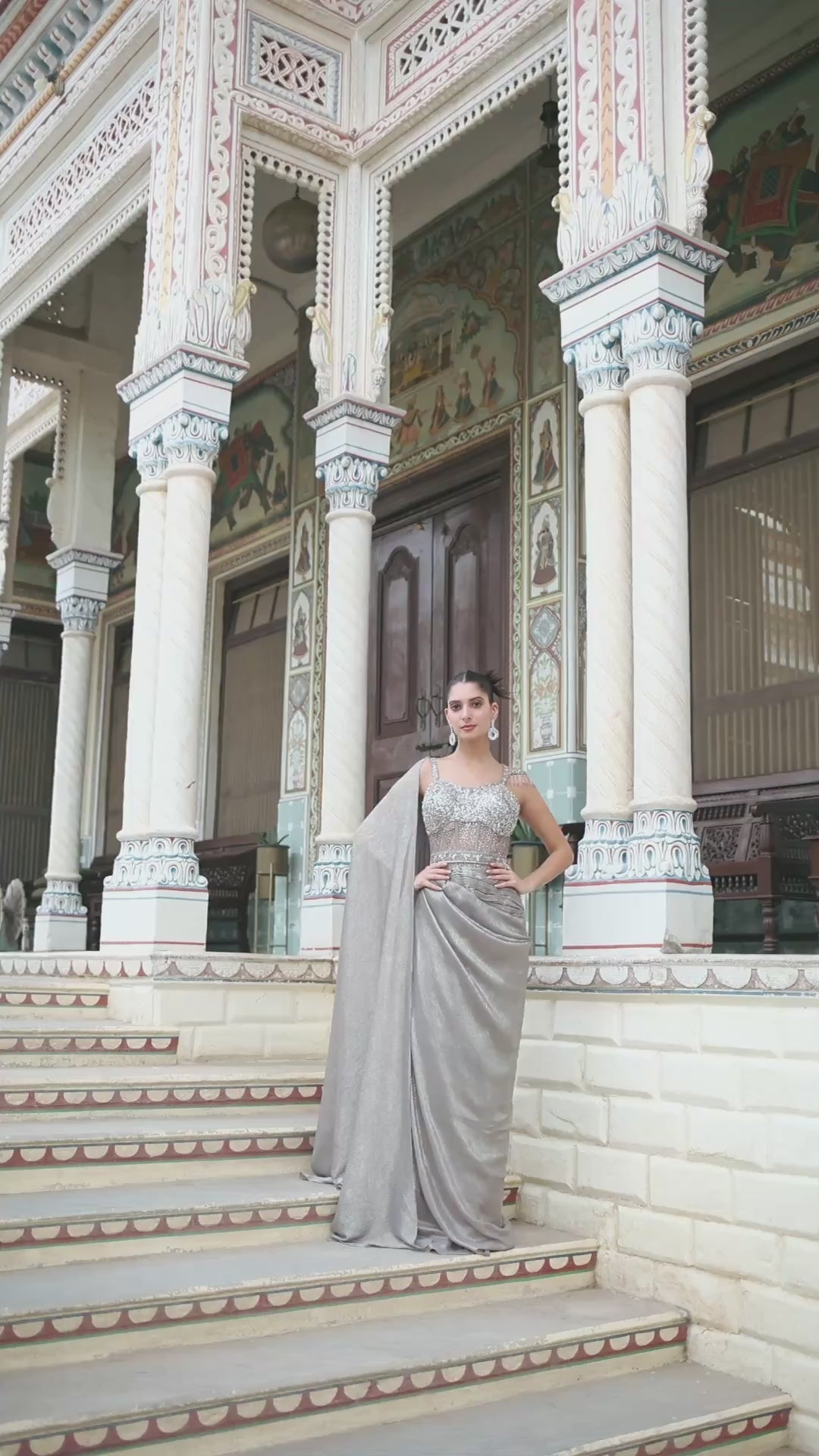 Silver Grey Crystal Corset Draped Shimmer Gown