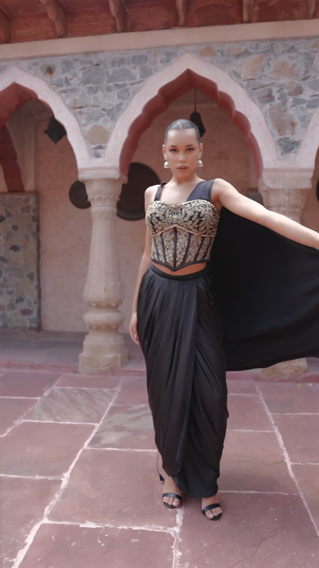 Black & Gold Zardozi Corset & Draped Dhoti Skirt