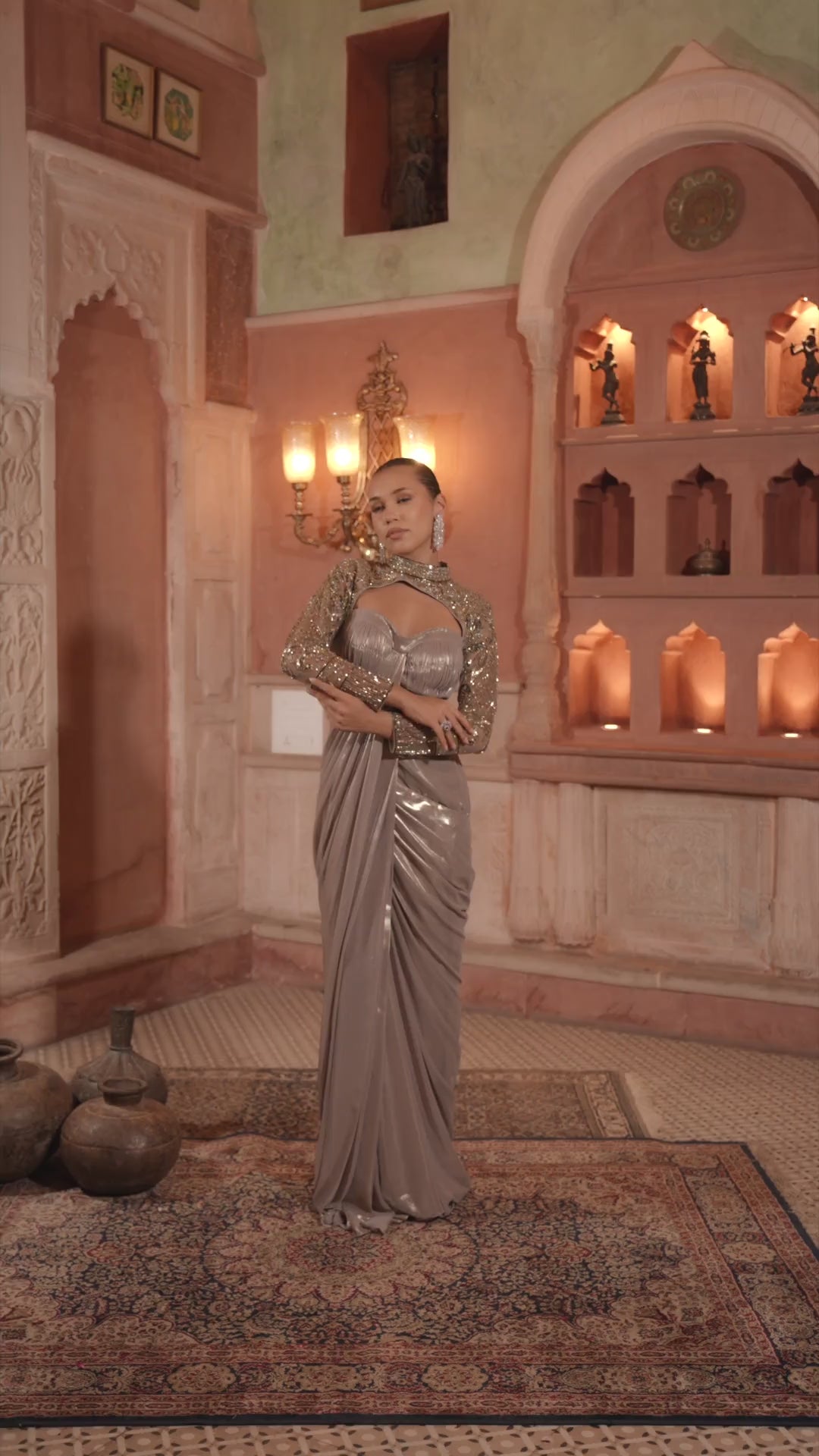 Silver Grey Zardozi Full Sleeve Blouse & Shimmer Draped Saree