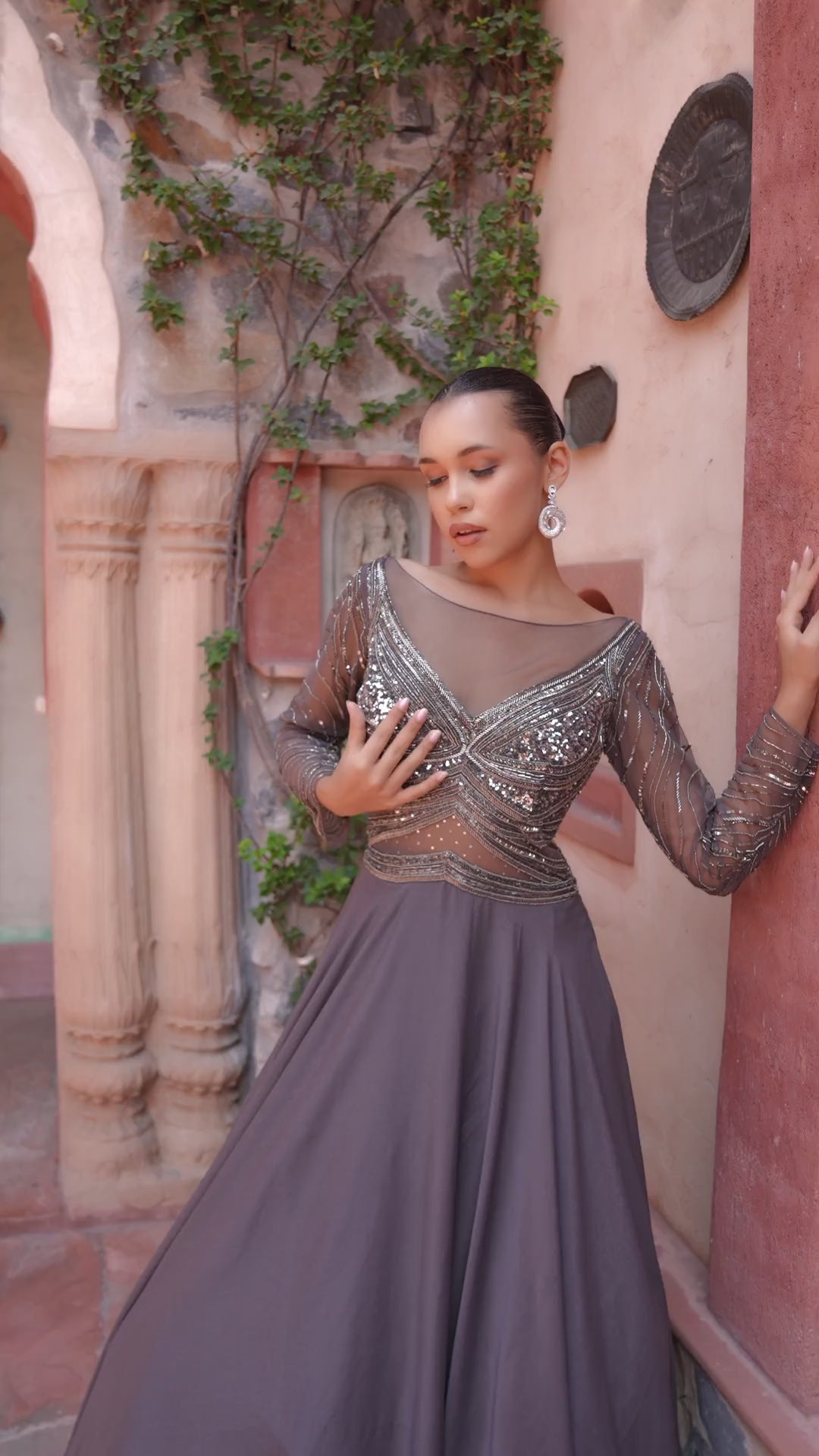 Slate Grey Sequin & Bead Embroidered Illusion Gown